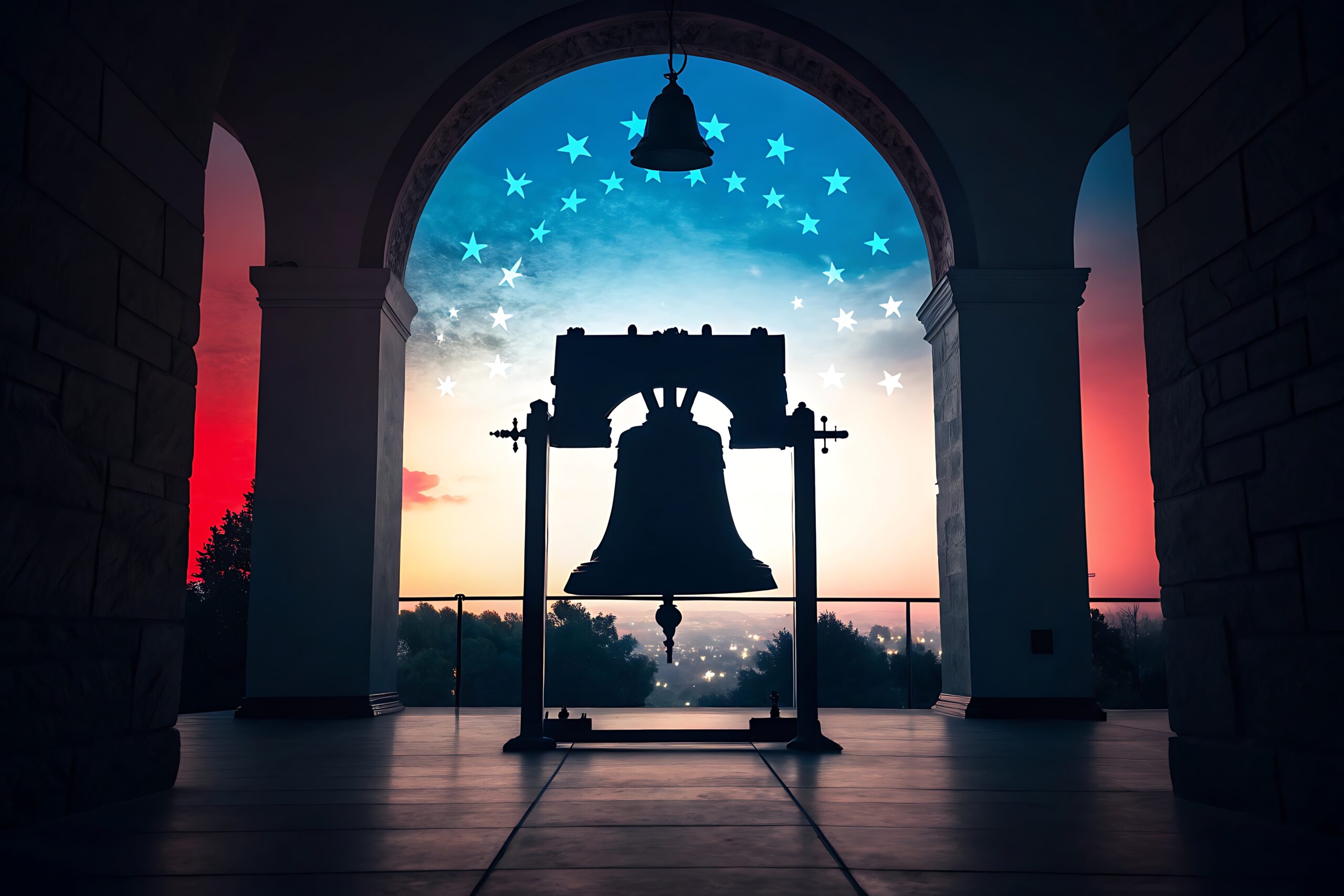The Liberty Bell framed by a patriotic sky