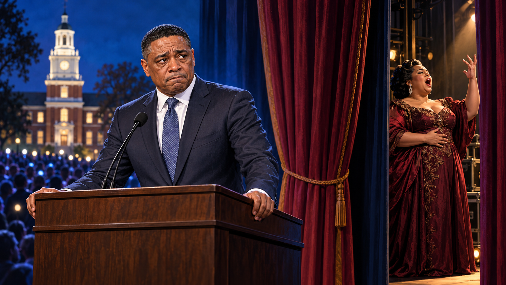 Editorial illustration of Cedric Richmond at a podium with an opera singer warming up offstage.